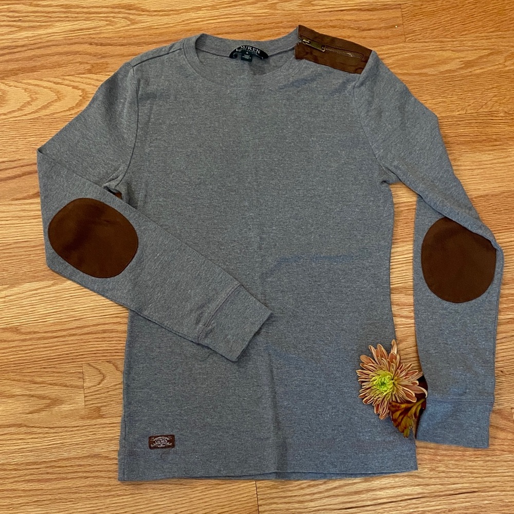 Ralph Lauren Gray Long Sleeve Tee with Brown Accents